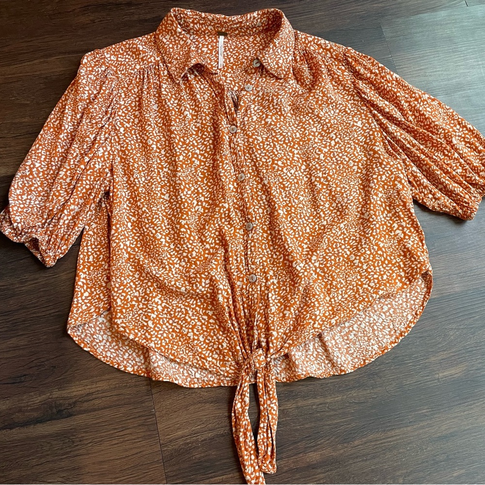 Free People orange multicolor button down blouse.